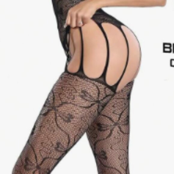 Black Bow Pattern Fishnet Bodysuit - Picture 3 of 7
